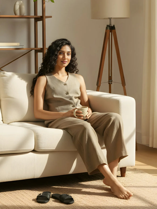 Women Khakhi Waist Coat Co-ord Set