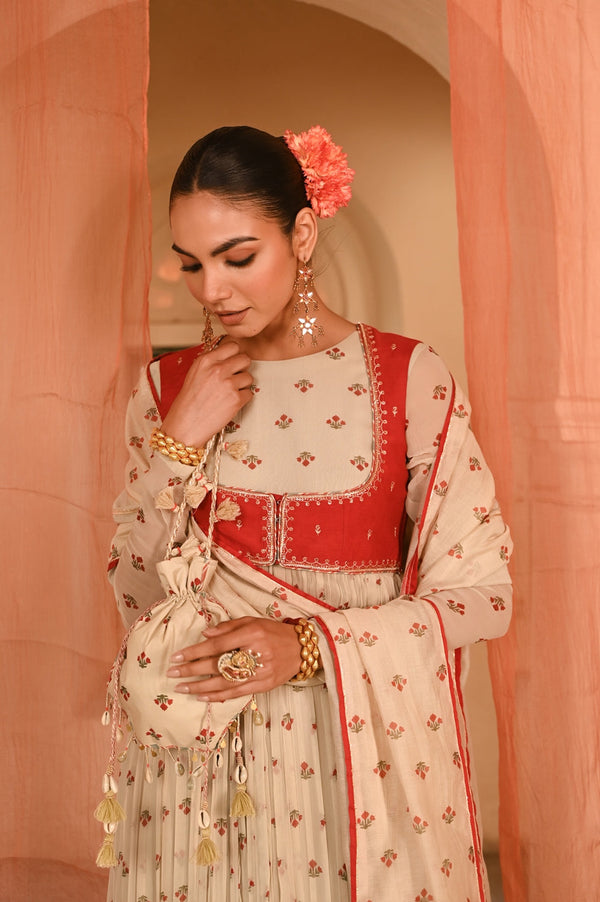 Beige, Red Chiffon Gulal Anarkali Set