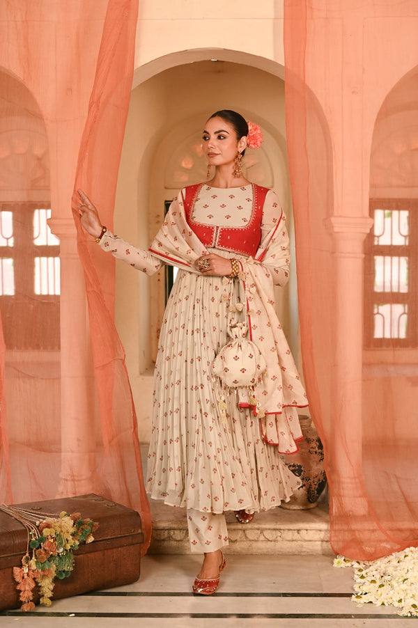 Beige, Red Chiffon Gulal Anarkali Set