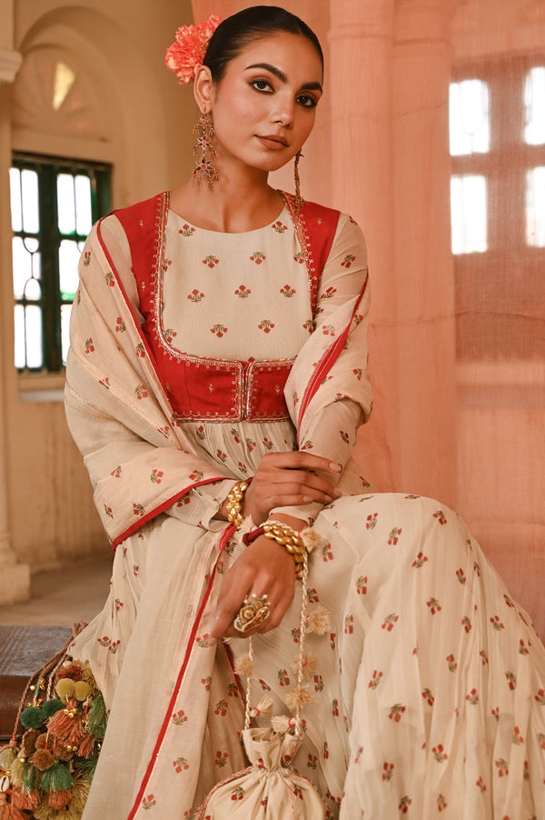 Beige, Red Chiffon Gulal Anarkali Set