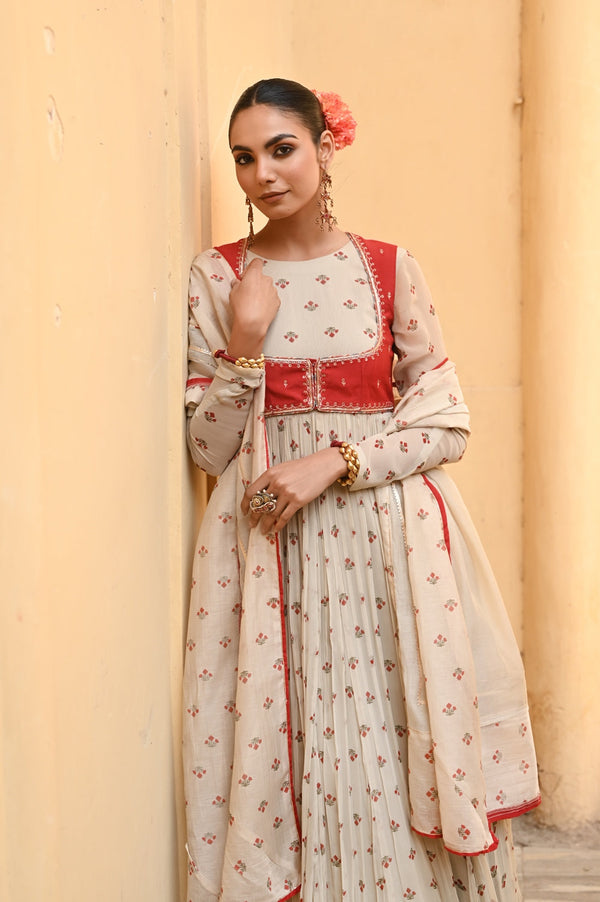 Beige, Red Chiffon Gulal Anarkali Set