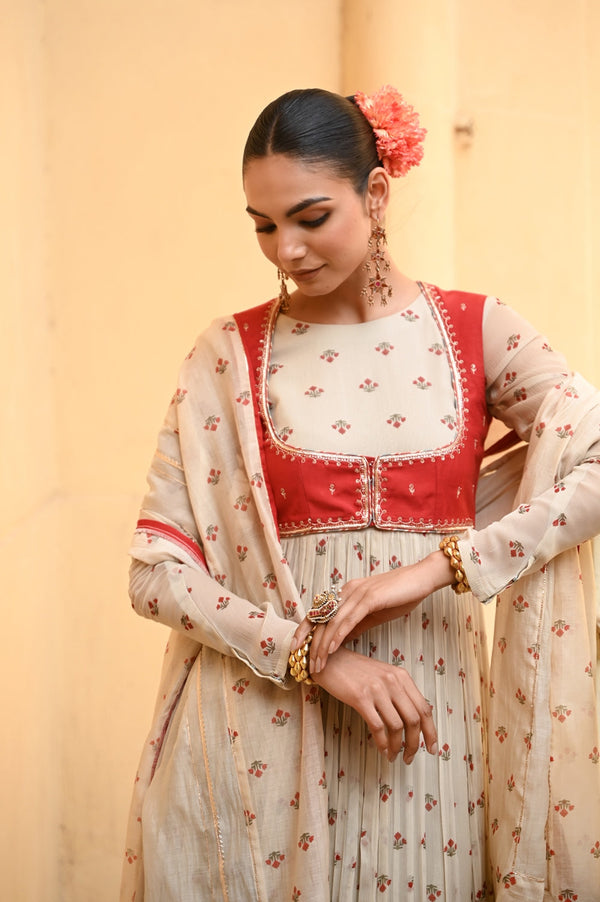 Beige, Red Chiffon Gulal Anarkali Set