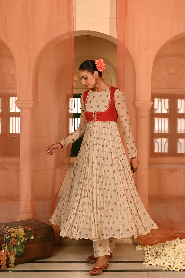 Beige, Red Chiffon Gulal Anarkali Set