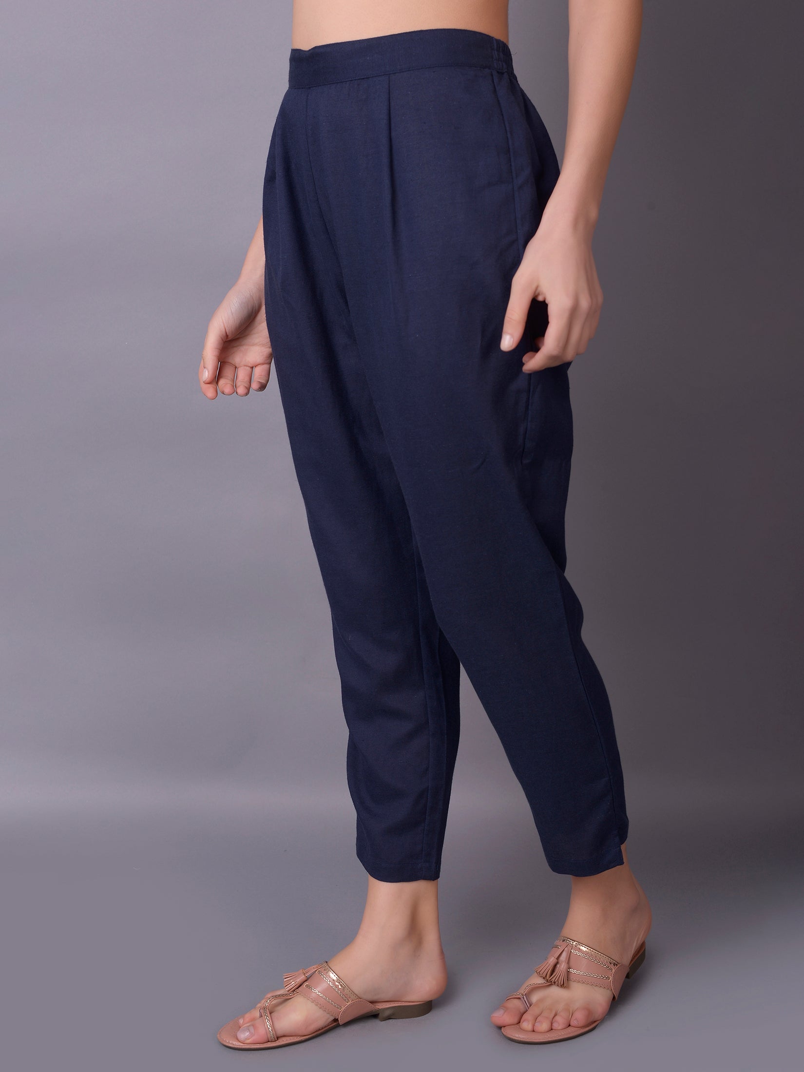 Women Navy Blue Plain Trouser