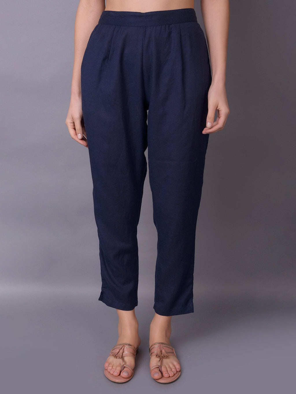 Women Navy Blue Plain Trouser
