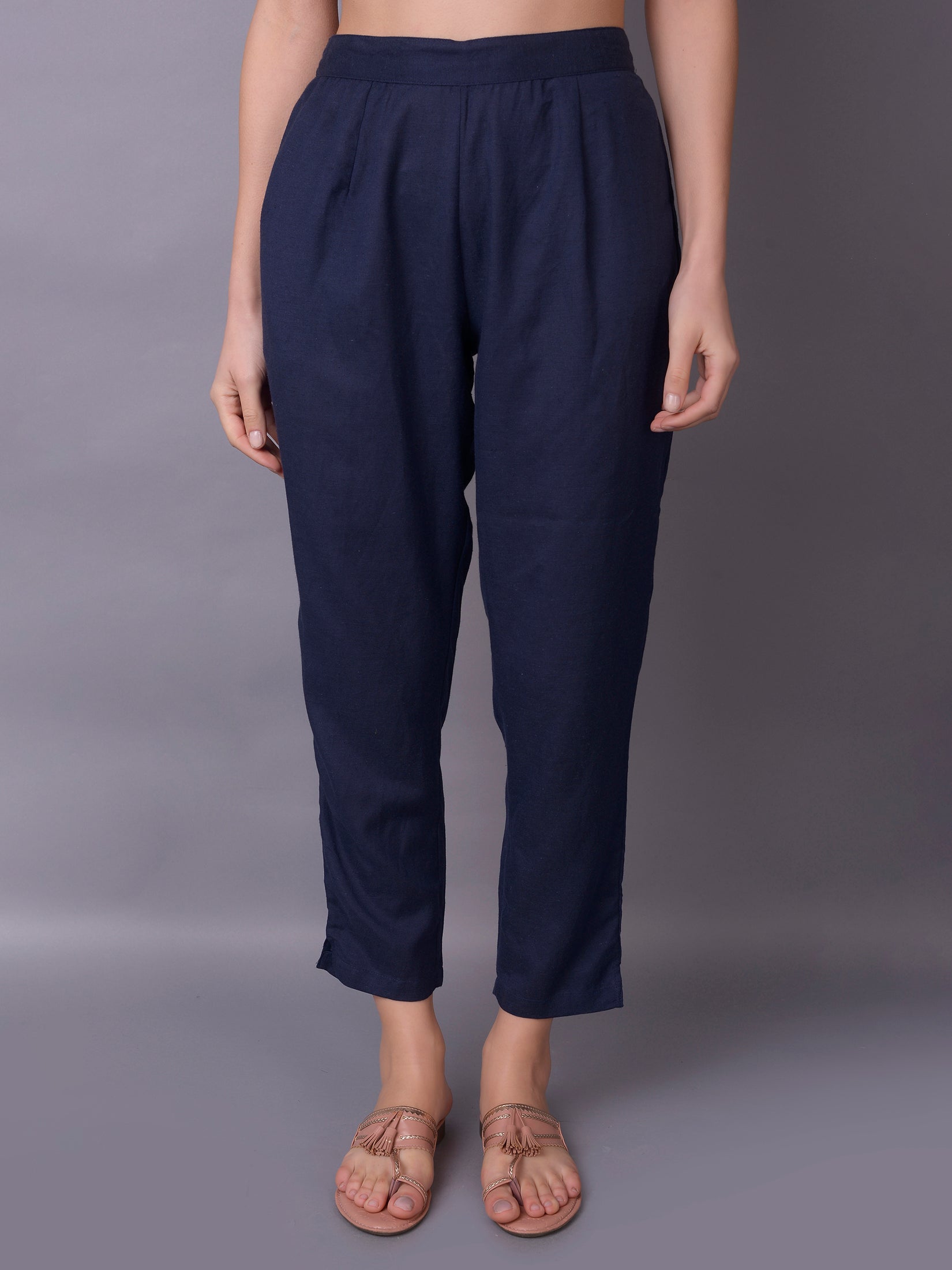 Women Navy Blue Plain Trouser