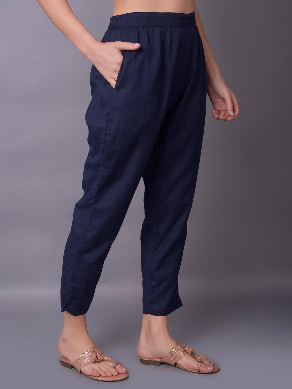Women Navy Blue Plain Trouser