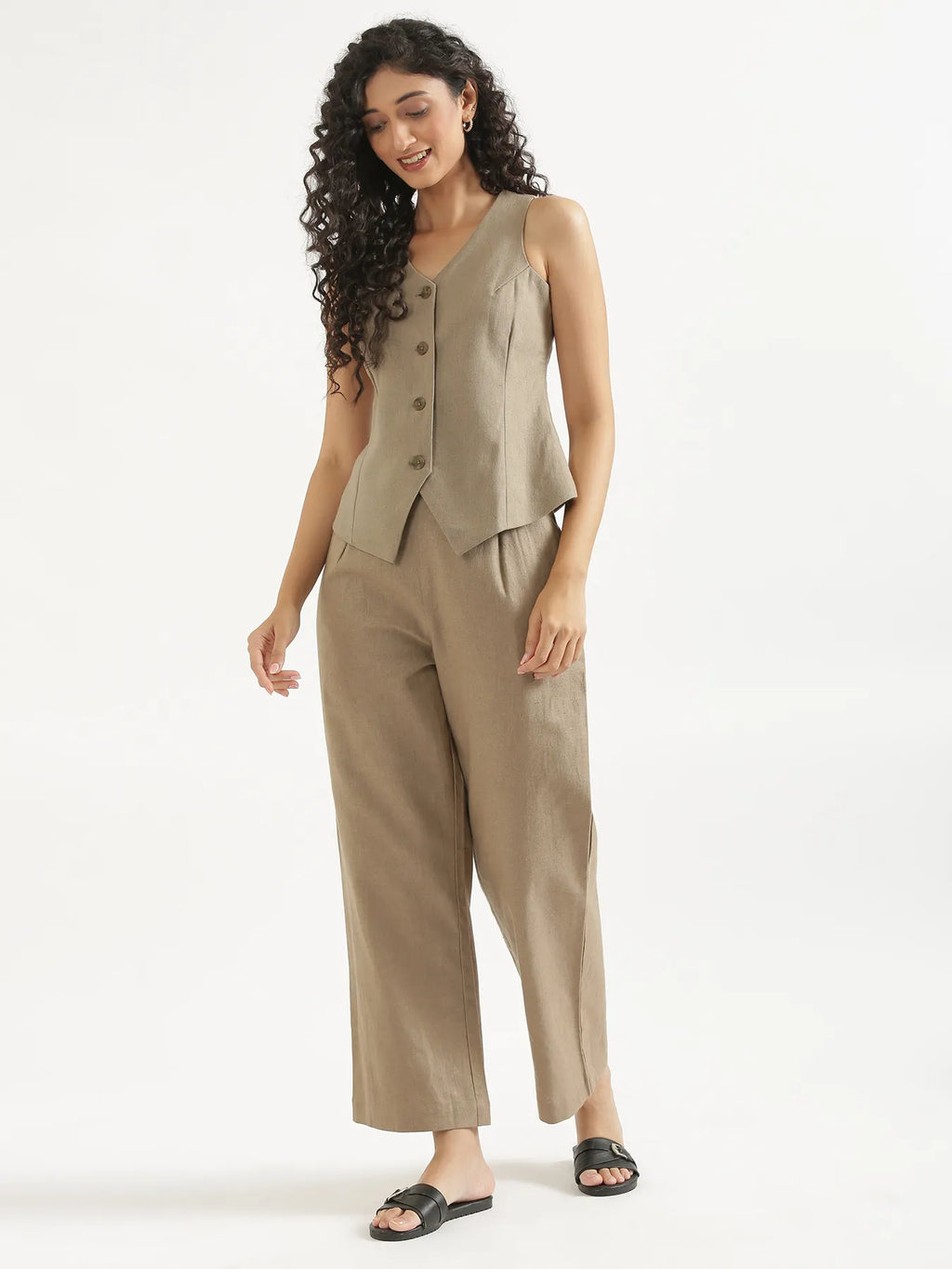 Women Khakhi Waist Coat Co-ord Set