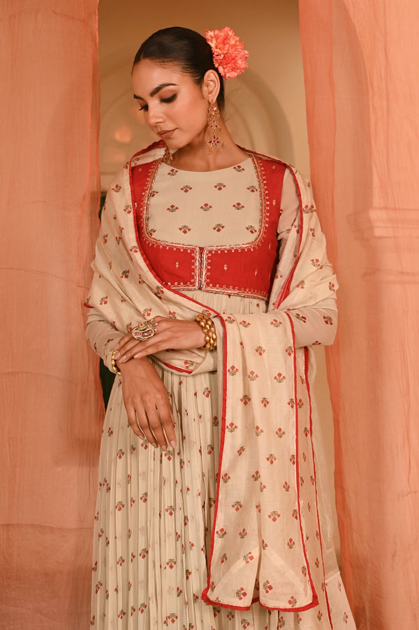 Beige, Red Chiffon Gulal Anarkali Set